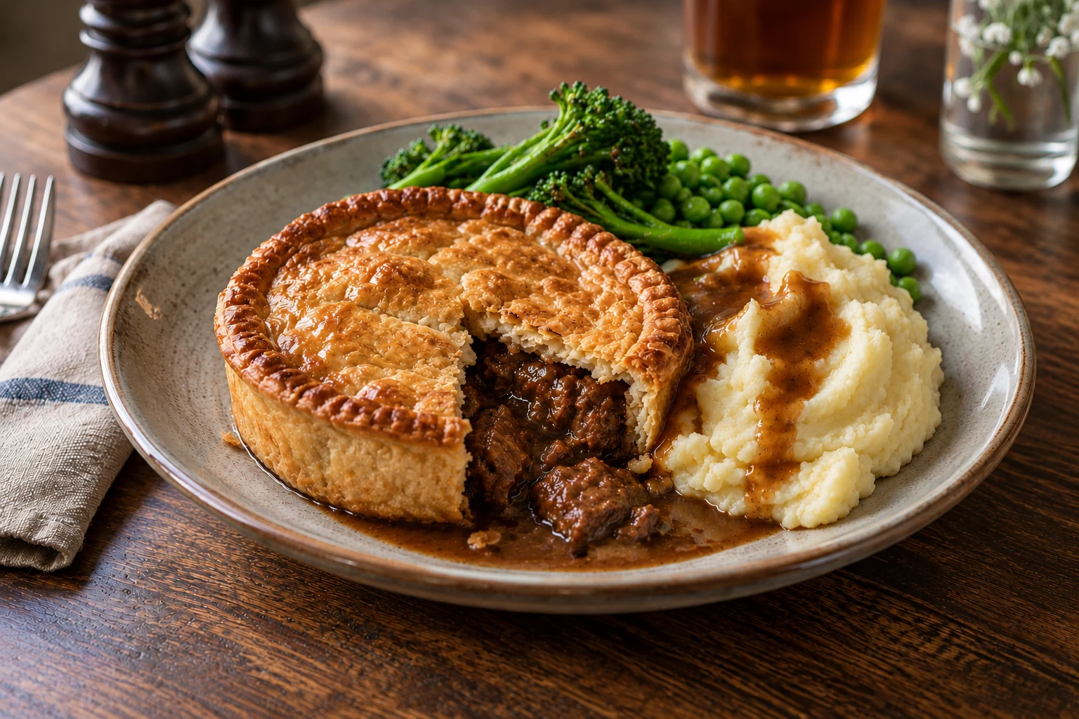A hearty pie served with mashed potato and vegetables